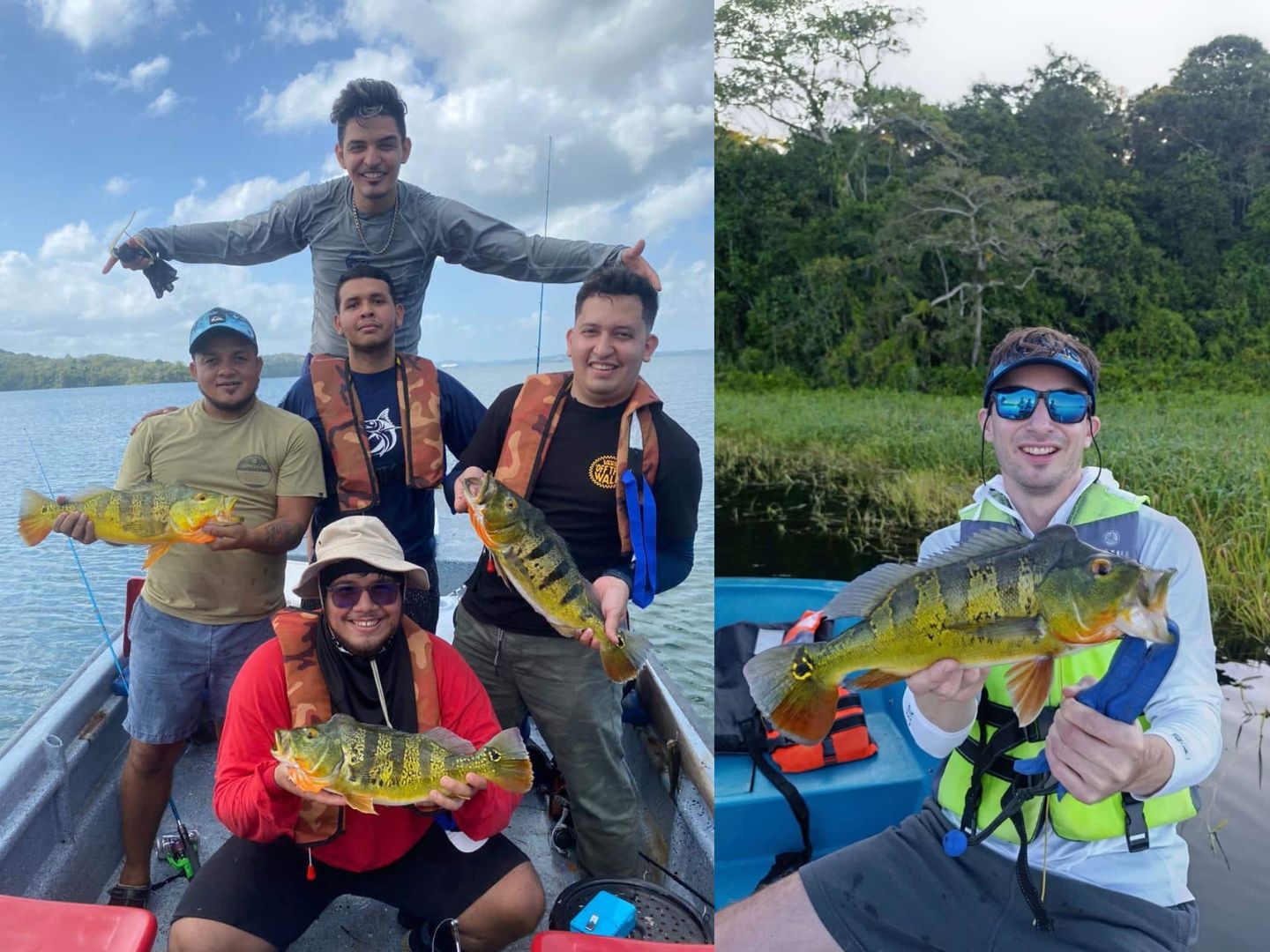 A group of anglers holding peacock bass aboard on Lake Gatun